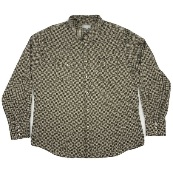Men's Wrangler Wrancher L/S Button Up‎ Shirt Pearl Snap Tan Geometric Design XL - Picture 1 of 9